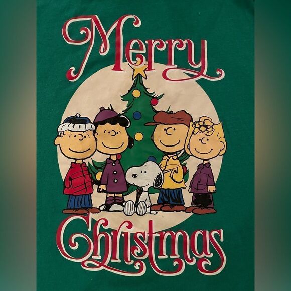 Peanuts “Merry Christmas” Green Snoopy Crew Unisex  Short Sleeve T Shirt Medium - Picture 3 of 5